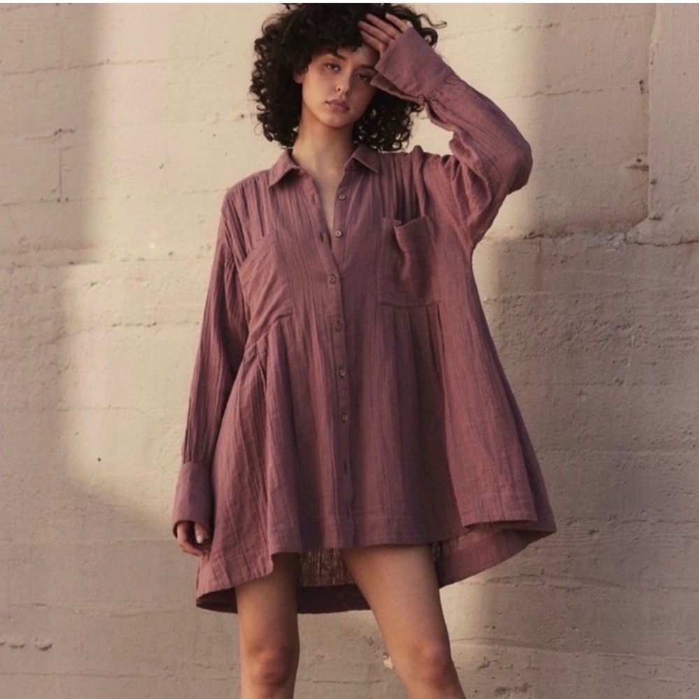 Free People Dusty Mauve Button-Front Mini Dress